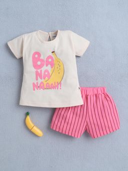 Bumzee - Girls Beige-Pink Graphic Printed T-shirt and Shorts