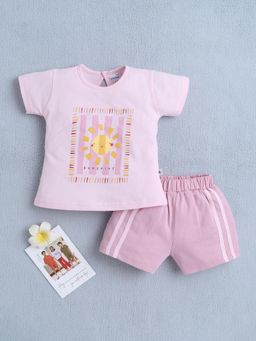 Bumzee - Girls Pink Graphic Printed T-shirt and Shorts
