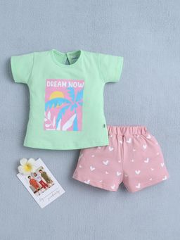 Bumzee - Girls Green-Pink Graphic Printed T-shirt and Shorts