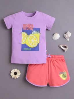 Bumzee - Girls Purple-Coral Graphic Printed T-shirt and Shorts
