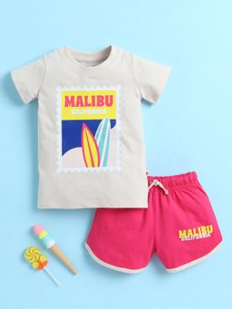 Bumzee - Girls Beige-Pink Graphic Printed T-shirt and Shorts