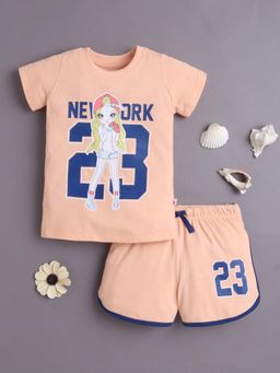 Bumzee - Girls Peach Graphic Printed T-shirt and Shorts