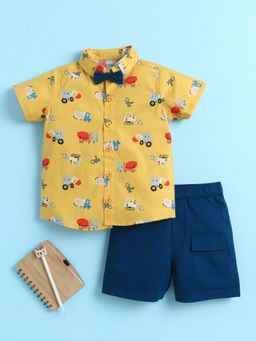 Bumzee - Boys Yellow-Navy Blue Cotton Shirt with Detachable Bow and Shorts