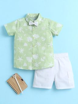 Bumzee - Boys Green-White Cotton Shirt with Detachable Bow and Shorts
