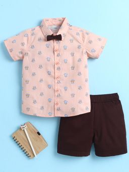 Bumzee - Boys Peach-Brown Printed Cotton Shirt with Detachable Bow and Shorts