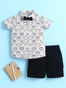Bumzee - Boys Grey-Black Printed Cotton Shirt with Detachable Bow and Shorts
