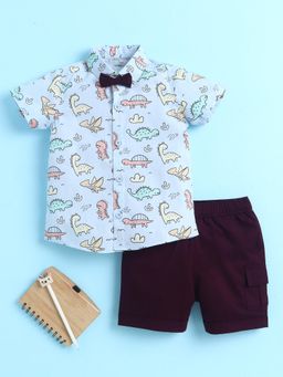 Bumzee - Boys Blue-Wine Printed Cotton Shirt with Detachable Bow and Shorts
