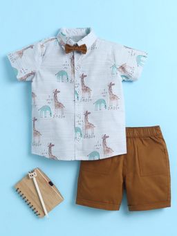 Bumzee - Boys Sky Blue-Khaki Printed Cotton Shirt with Detachable Bow and Shorts