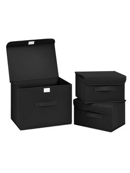 House of Quirk - Black Foldable Storage Basket with Lid & Handle (Pack of 3)