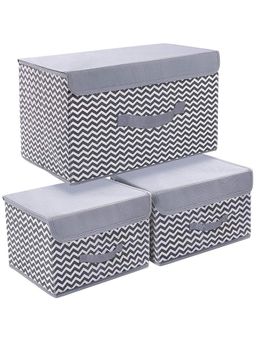 House of Quirk - Grey Foldable Storage Basket with Lid & Handle (Pack of 3)