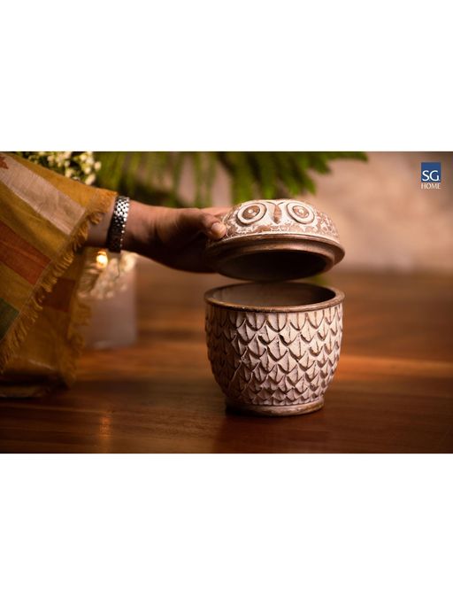 SG Home White Wooden Owl Storage Jar