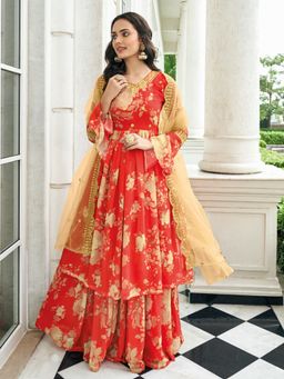 Odette - Modern Red Semi Stitched Sharara (Set of 3)