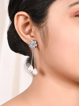 Ratnavali Jewels - American Diamond CZ Silver Plated White Dangle Drop Removable Pearl Stud Earrings