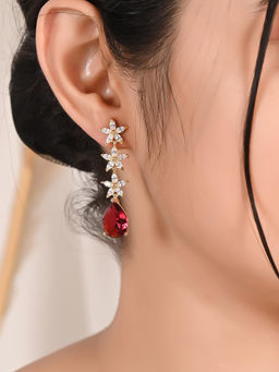 Ratnavali Jewels - American Diamond CZ Gold Plated Red Dangle Drop Earrings