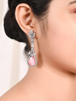 Ratnavali Jewels - American Diamond CZ Silver Plated Pink Dangle Drop Earrings