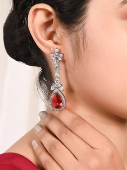 Ratnavali Jewels - American Diamond CZ Silver Plated Red Dangle Drop Earrings