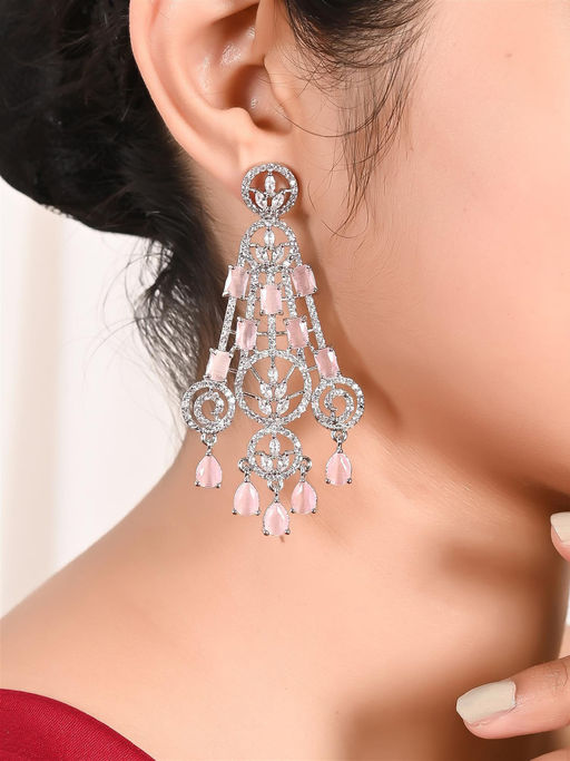 Ratnavali Jewels American Diamond CZ Silver Plated Pink Traditional Dangle Drop Earrings