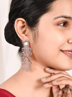 Ratnavali Jewels - American Diamond CZ Rose Gold Plated Mint Green Long Dangle Drop Earrings