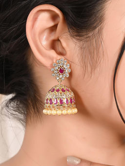 Ratnavali Jewels - American Diamond CZ Gold Plated Red Round Jhumki Earrings