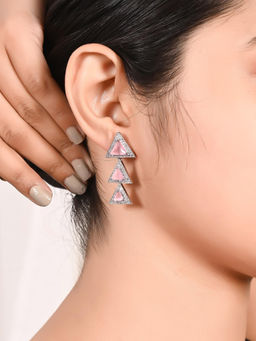 Ratnavali Jewels - American Diamond CZ Silver Plated Pink Symmetrical Dangle Drop Earrings