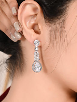 Ratnavali Jewels - American Diamond CZ Silver Plated White Dangle Drop Earrings