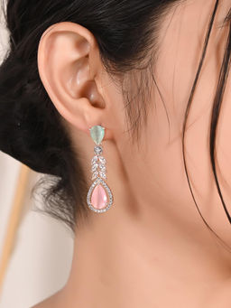Ratnavali Jewels - American Diamond CZ Rose Gold Plated Pink Mint Dangle Drop Earrings
