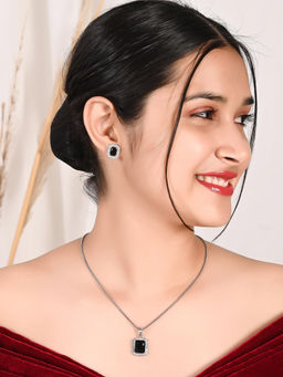 Ratnavali Jewels - American Diamond CZ Silver Plated Square Dark Blue Pendant with Chain & Earrings