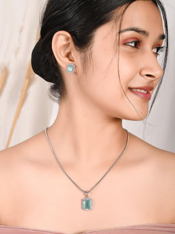 Ratnavali Jewels - American Diamond CZ Silver Plated Square Green Pendant with Chain & Earrings