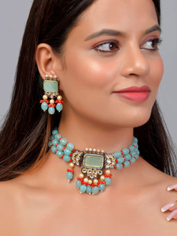 Silvermerc Designs - Blue Monalisa Ethnic Kundan Jewellery Set ( Set of 2)