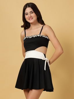 Cukoo - Padded White Frill Detail Black Swimsuit With Attached Shorts