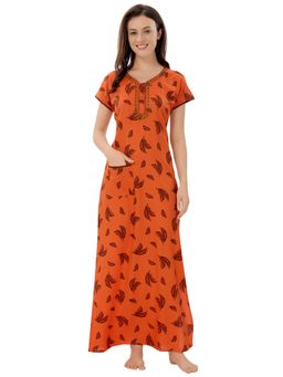 PIU - Front Open Rayon Half Sleeves Floral Print Nighty - Orange