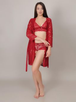 Mod & Shy - Women Self Design Lacy Bra With Panty & Shrug Maroon (Set of 3)