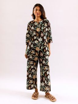 FEATHERS CLOSET - Black Lily Printed Round Neck Cotton Co-Ord (Set of 2)