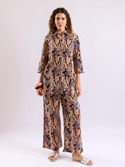 FEATHERS CLOSET - Black Leaf Printed Shirt Cotton Co-Ord (Set of 2)