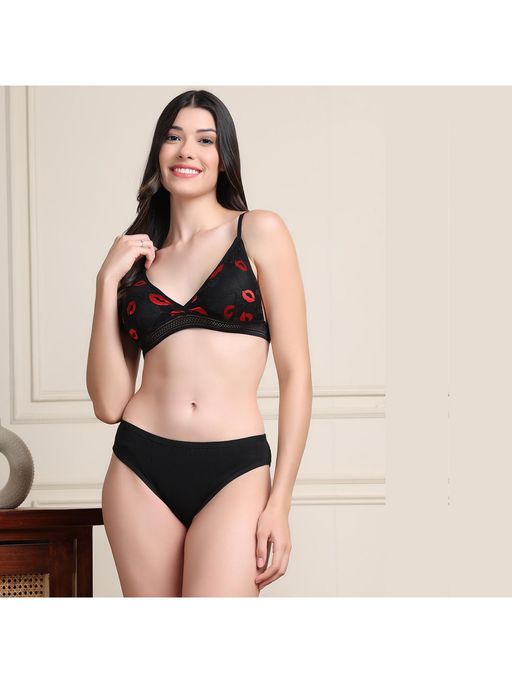 PrettyCat Lightly Padded Kiss Lips Half Coverage Sexy Lace Bra And Panty Black (Set of 2)