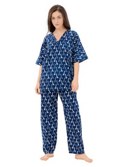 PIU - Kurti Style Pure Cotton 3/4Th Sleeves Giraffe Print Co-Ord - Blue (Set of 2)