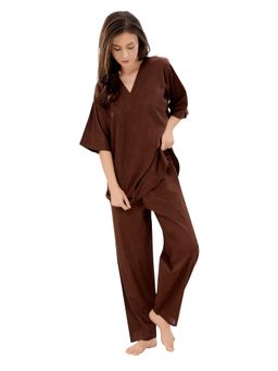 PIU - Kurti Style Rayon Cotton 3/4Th Sleeves Solid Print Co-Ord - Brown (Set of 2)