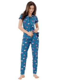 PIU - Front Open Pure Cotton Half Sleeves Heart Print Nightsuit - Blue (Set of 2)