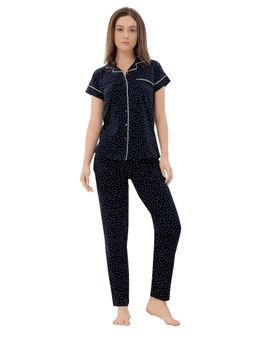 PIU - Front Open Pure Cotton Half Sleeves Polka Print Nightsuit - Blue (Set of 2)