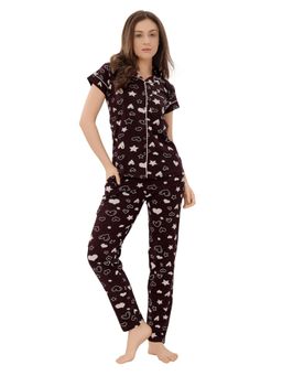 PIU - Front Open Pure Cotton Half Sleeves Heart Print Nightsuit - Brown (Set of 2)