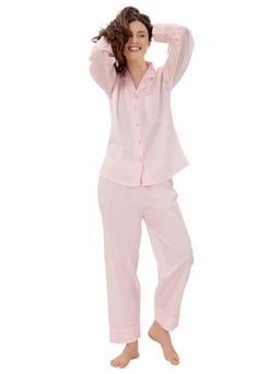 PIU - Front Open Pure Cotton Full Sleeves Stripes Print Nightsuit - Pink (Set of 2)