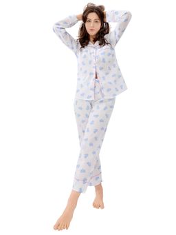 PIU - Front Open Pure Cotton Full Sleeves Giraffe Print Nightsuit - White (Set of 2)
