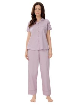 PIU - Front Open Cotton Half Sleeves Solid Print Nightsuit - Mauve (Set of 2)