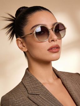 Guess - Women UV Protected Full Rim Brown Lens Round Sunglasses (57)