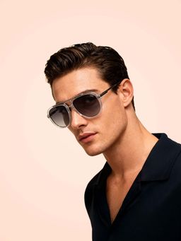 IDEE - Smoke Gradient Lens Pilot Sunglass Shiny Crystal Shiny Silver Grey Frame (55)