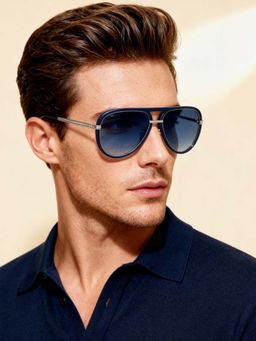 IDEE - Blue Gradient Lens Pilot Sunglass Full Rim Shiny Blue Shiny Silver Frame (58)