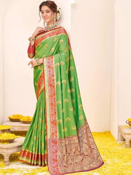 Odette - Womens Lime Green Silk Woven Design Saree with Unstitched Blouse