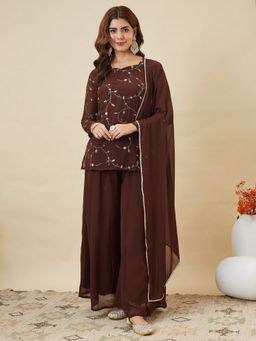 MOKOSH - Women Brown Georgette Kurta with Palazzo and Dupatta