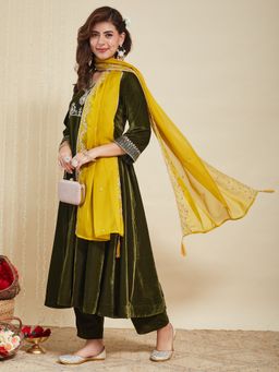 MOKOSH - Women’s Olive Green Velvet Embroidered Anarkali Kurta Pant with Yellow Dupatta