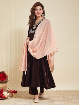 MOKOSH - Women’s Brown Velvet Embroidered Anarkali Kurta Pant with Peach Dupatta